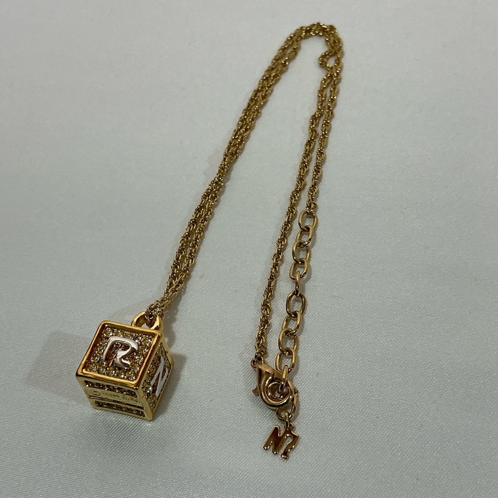 Vintage Nina Ricci Cube Dice Rhinestone Pendant NR Logo Gold Silver Necklace - Picture 7 of 10